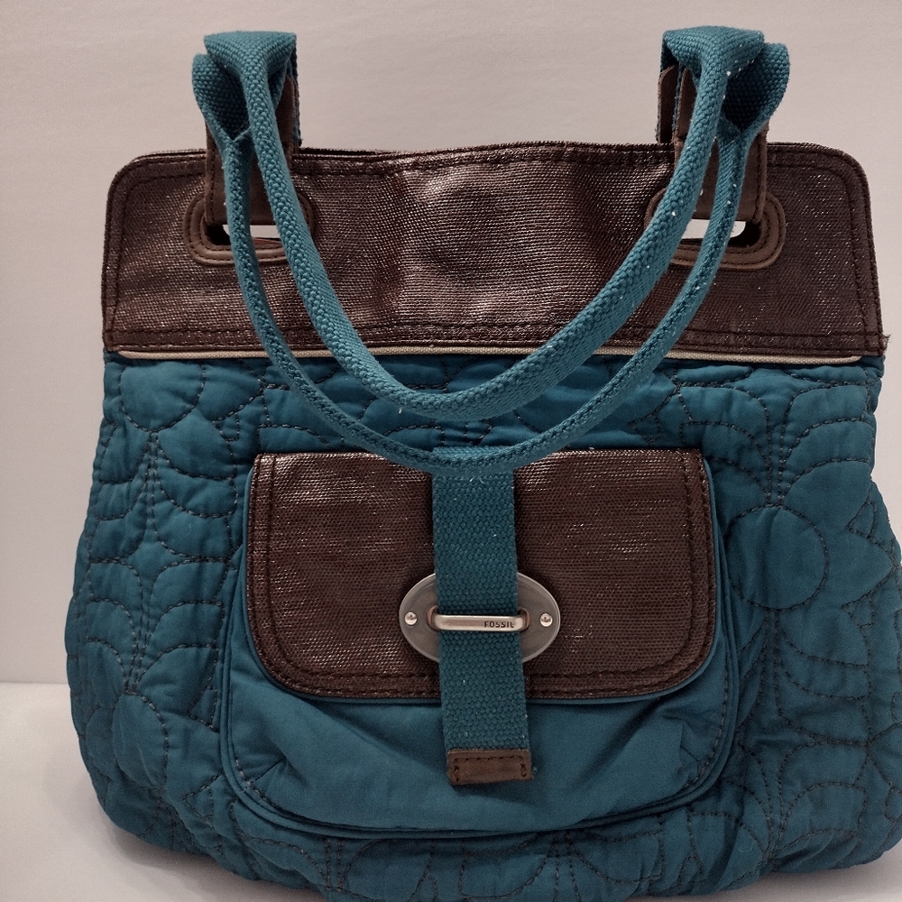 Fossil Key-per Quilted Teal/Brown Shoulder Bag Tote Brown Leather